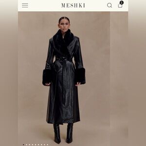 Meshki bee faux leather trench coat with faux fur